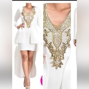 Eien U.S.A Elegant White and Gold High Low Dress Size Small